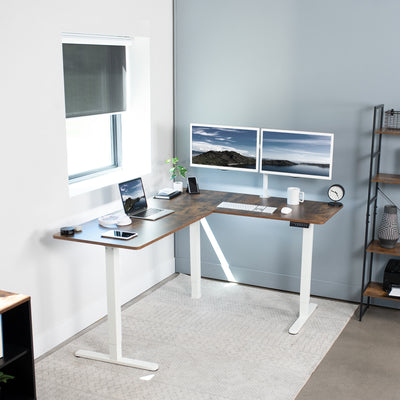 Rustic electric heavy-duty corner desk workstation for modern office workspaces. 