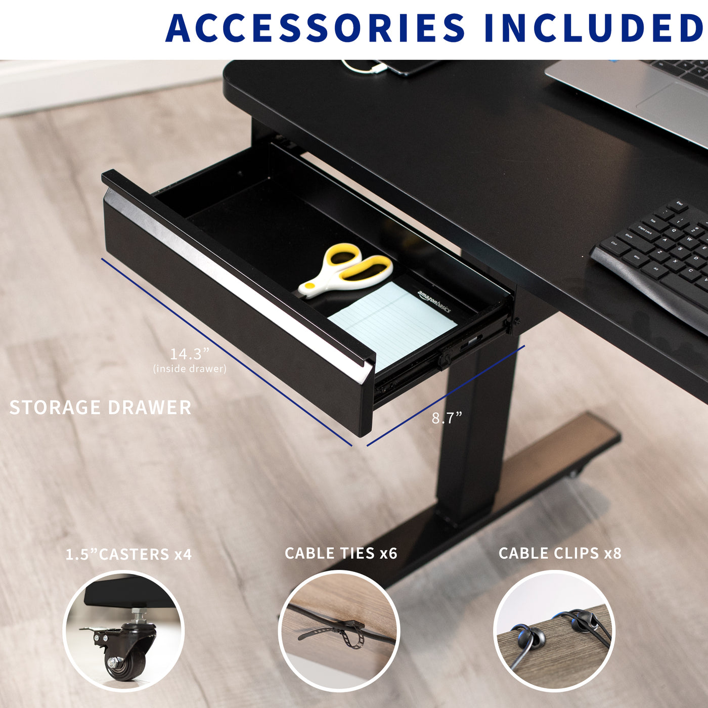 Accessories included with the desk include 4 locking caster wheels, cable ties and clips, and an under desk storage drawer.