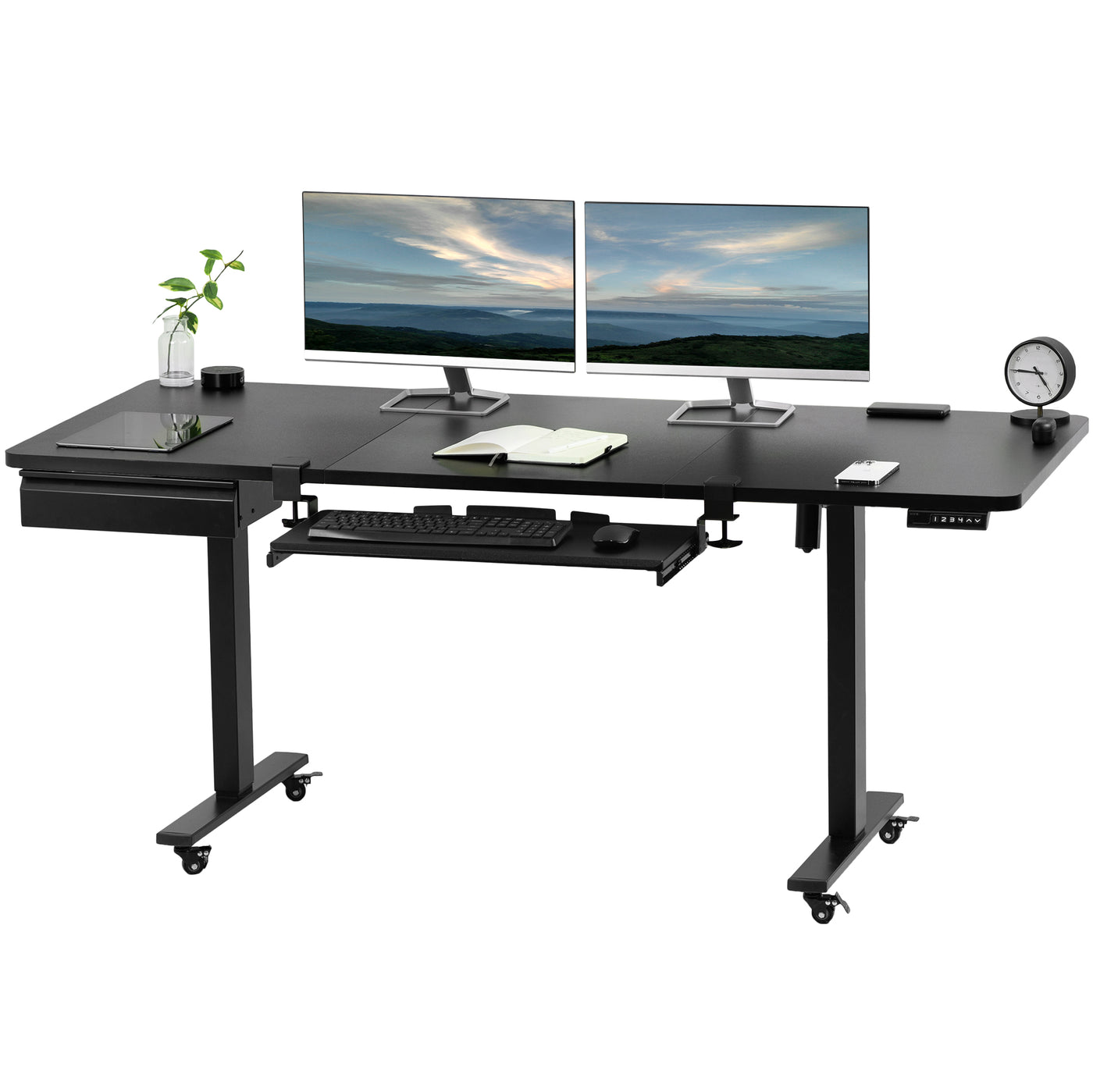 Large electric desk with under-desk drawer and sliding keyboard tray.