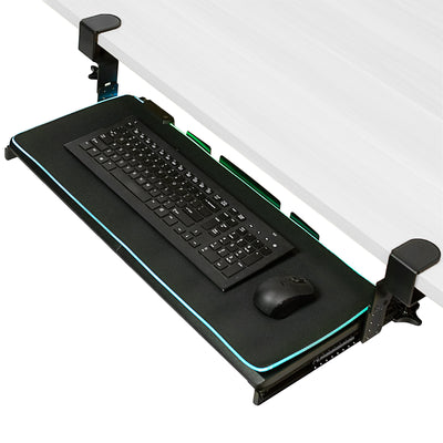 Clamp-on height adjustable pullout keyboard tray attachment with RGB mouse pad.