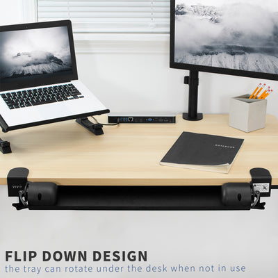 Flip down design allows for the tray to be moved out of sight for a more tidy office space.