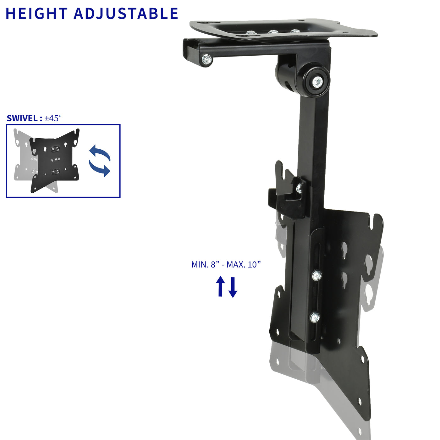 The mount is height adjustable along the center pole and also includes some degree of swivel.