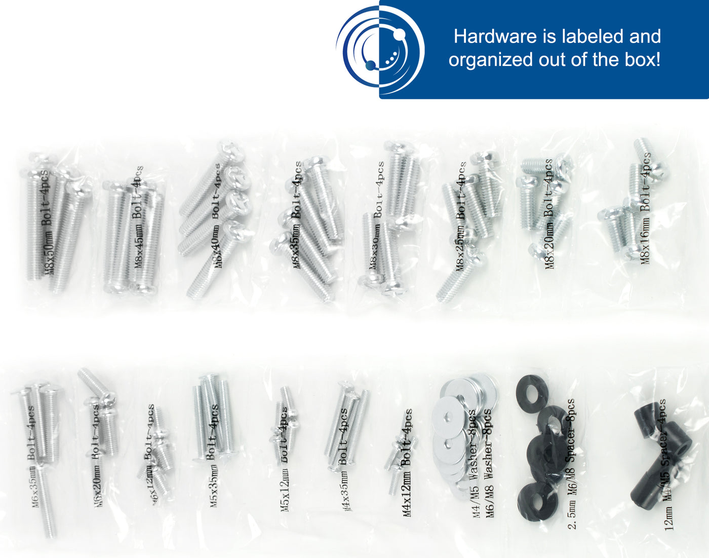 Organized and labeled packaging of hardware is included to make life easier.