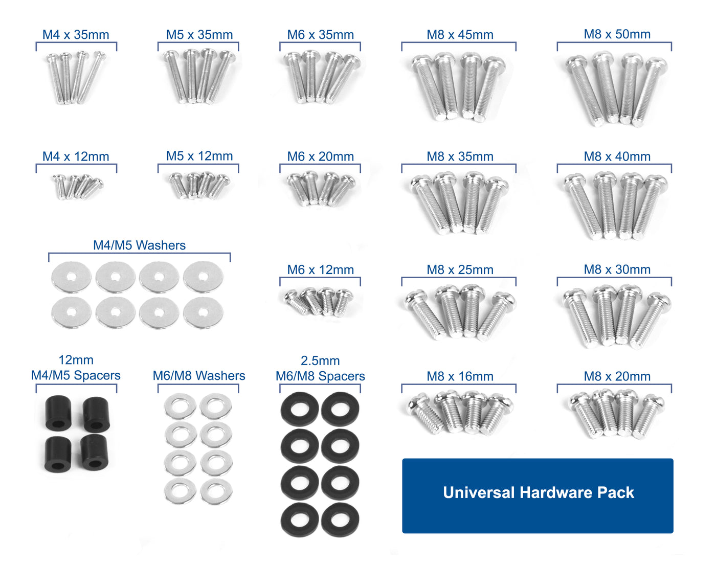Organized universal hardware pack containing bolts, washers, and spacers.