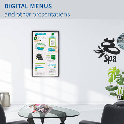 Office or service space with the menu displayed on the TV vertically.