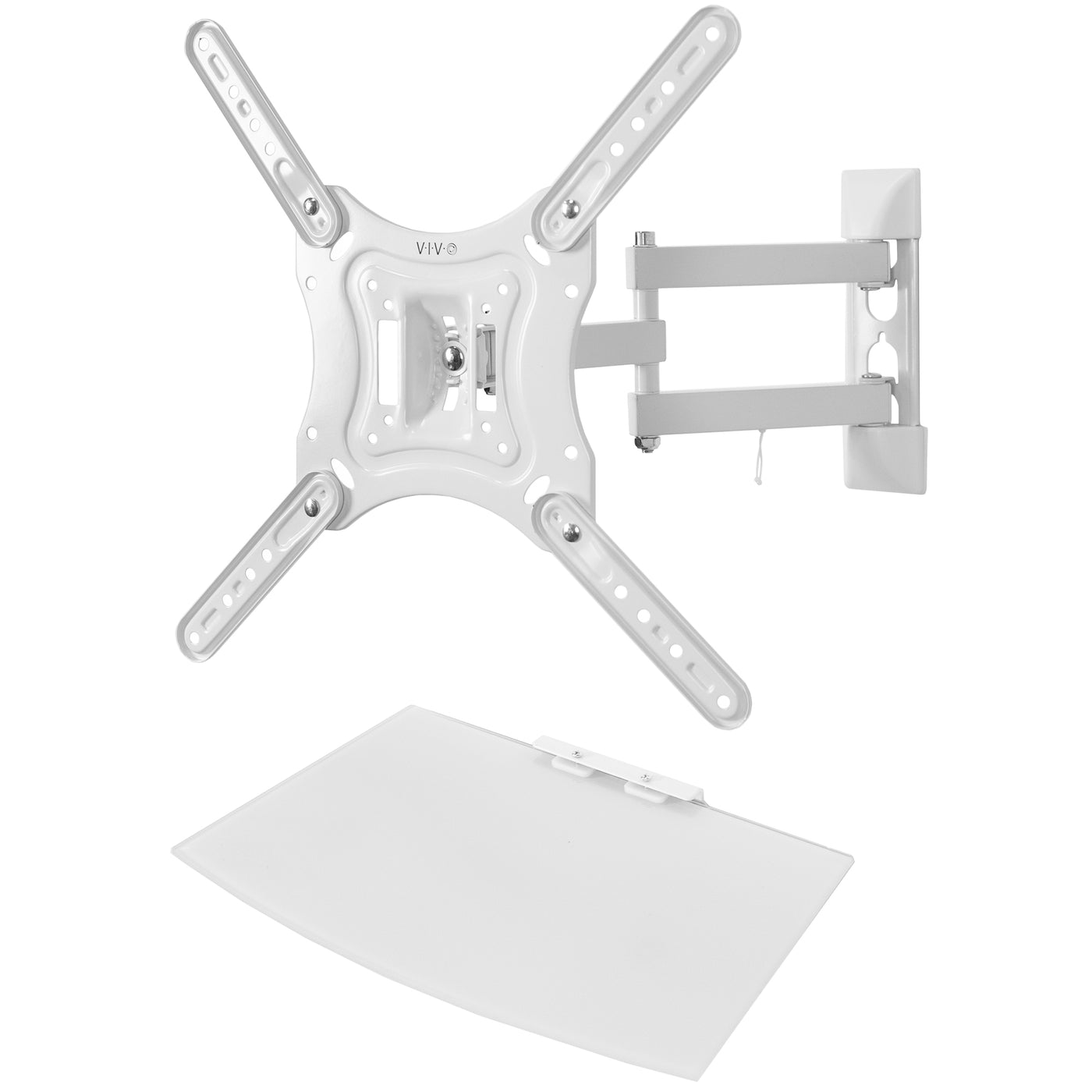 White sturdy TV wall mount with tempered glass shelf set from VIVO.