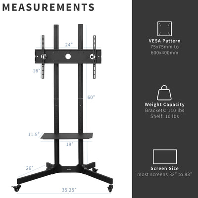 Dimensions of TV cart, and compatibility specifications with shelf.
