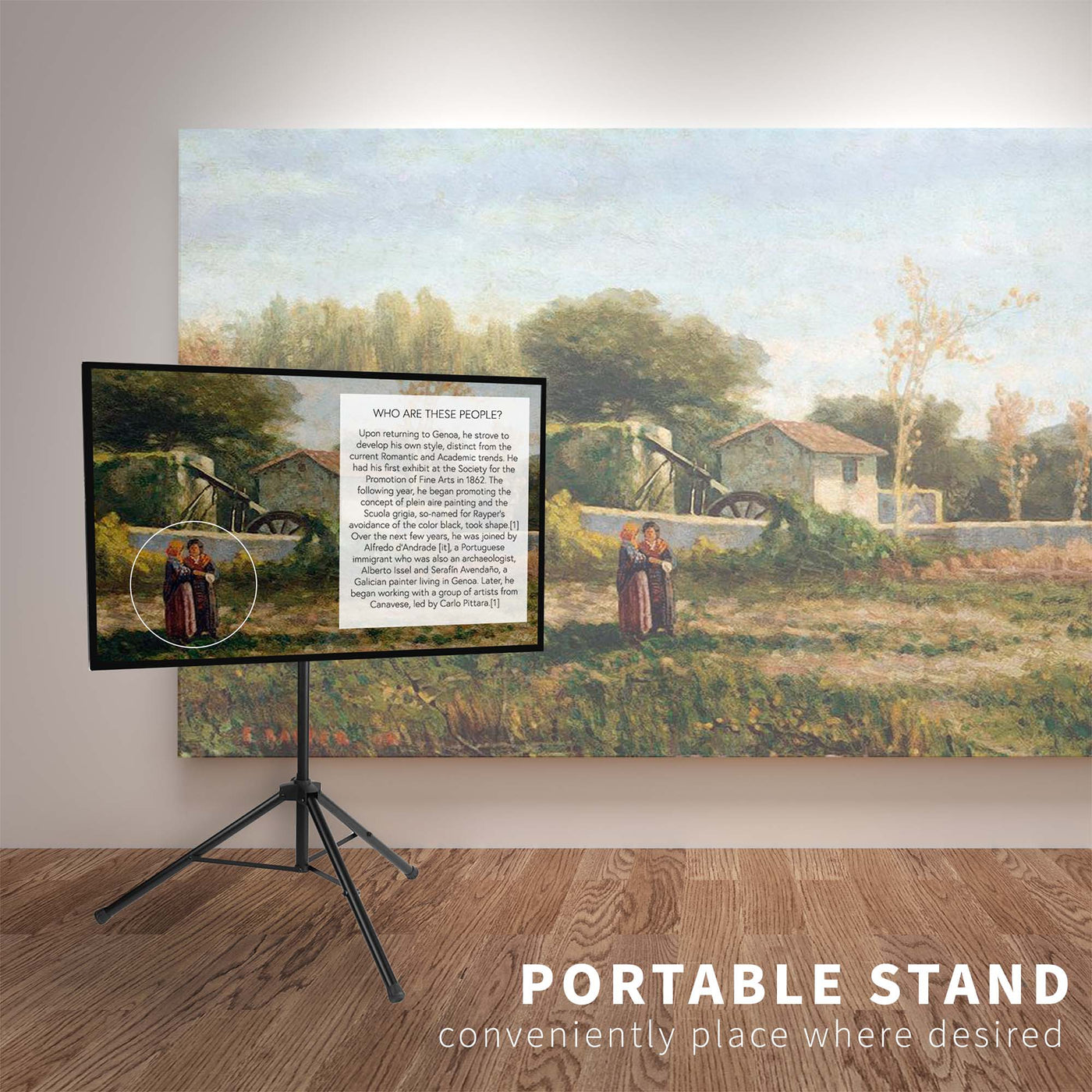 Portable TV stand in an art gallery displaying information in a modern changeable space. 7- Stable tripod base of the stand is suitable for slightly uneven surfaces offering three points of surface support.