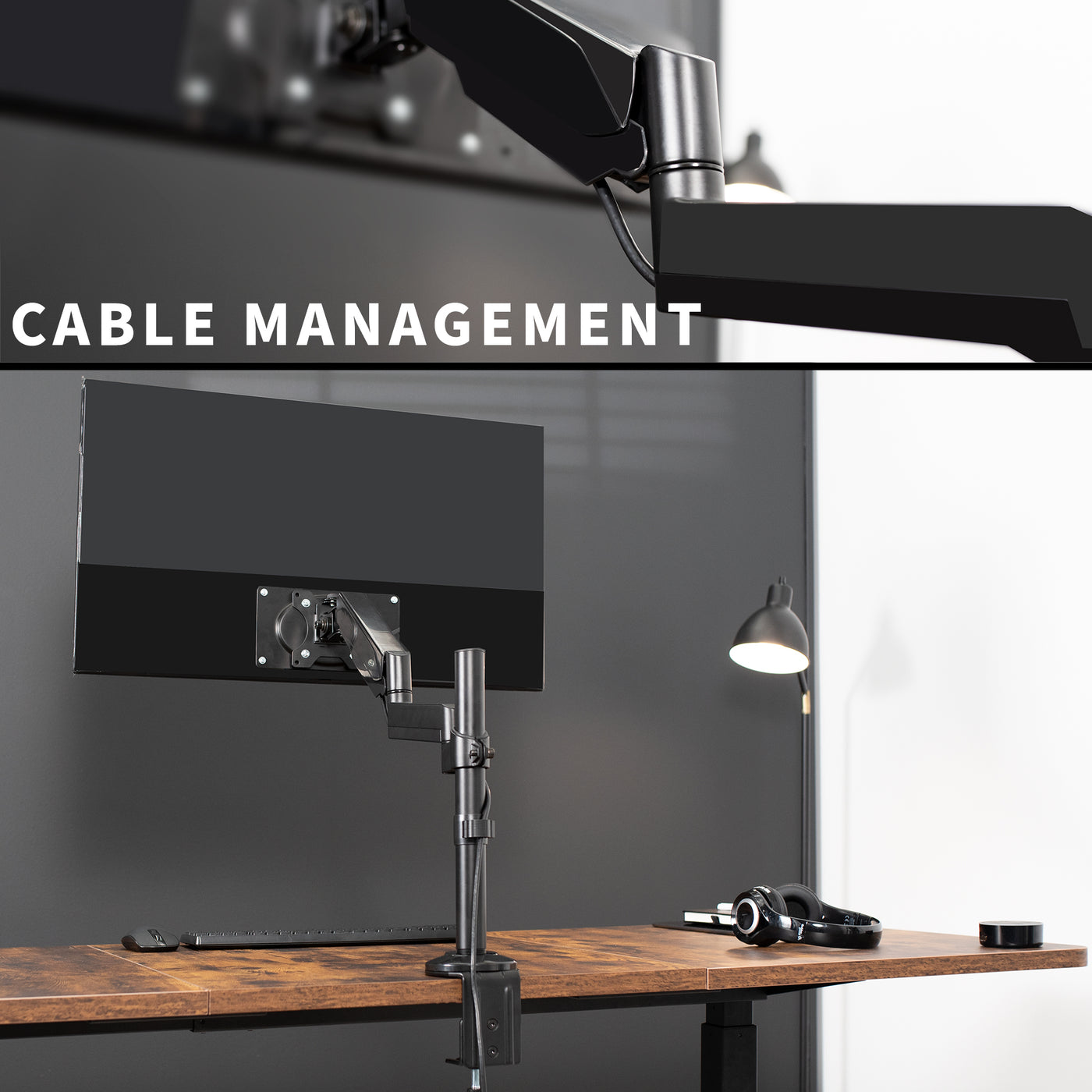 Sturdy adjustable pneumatic arm single monitor ergonomic desk mount with cable management.