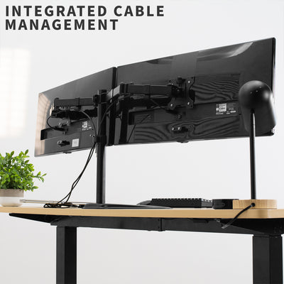 Sturdy adjustable dual monitor ergonomic desk mount for office workstation with cable management.