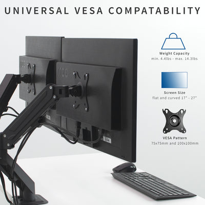 Pneumatic Arm Dual Monitor Desk Mount with Universal VESA Compatibility