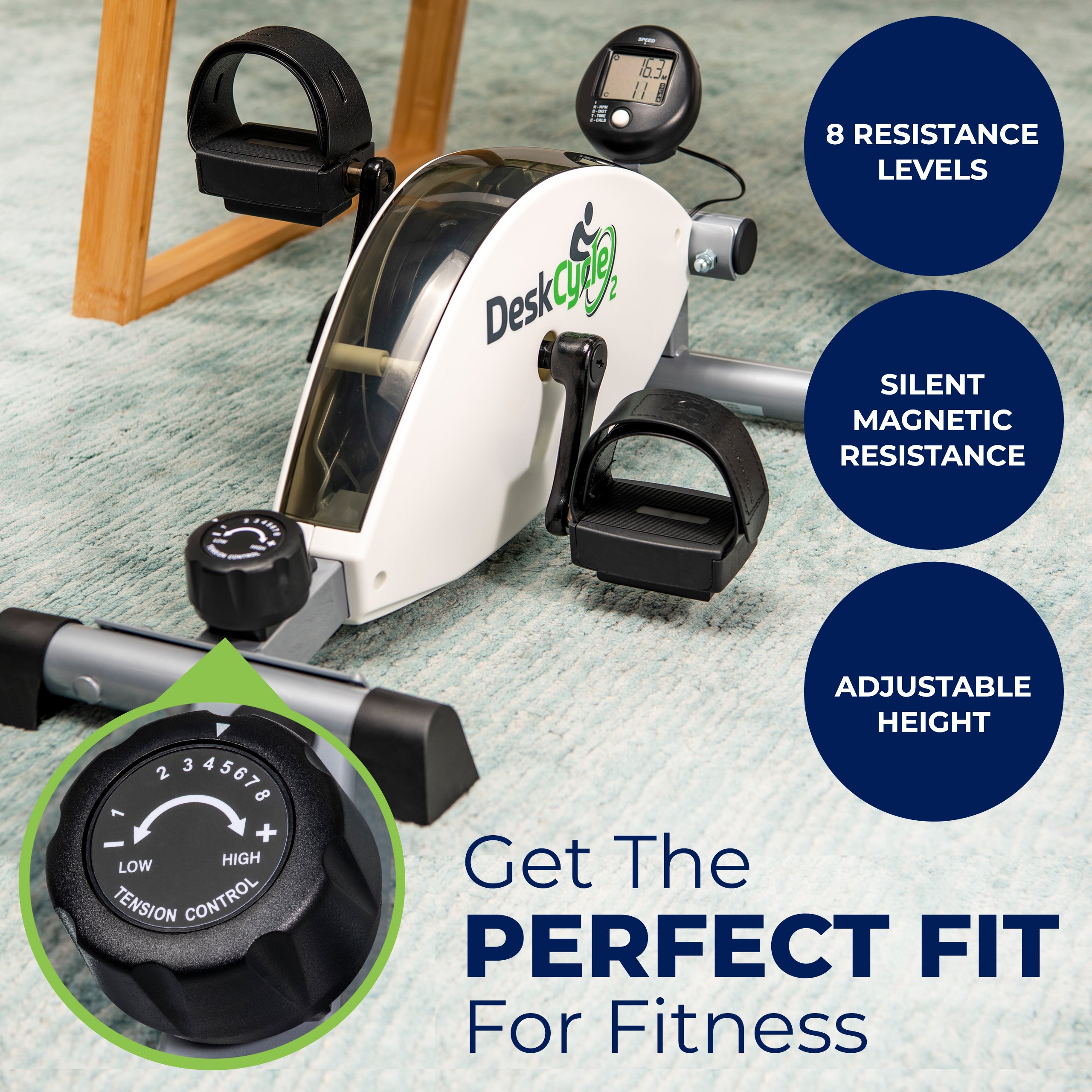 DeskCycle exercise machine with resistance control and features on a light background