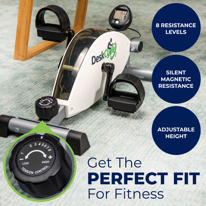 DeskCycle exercise machine with resistance control and features on a light background