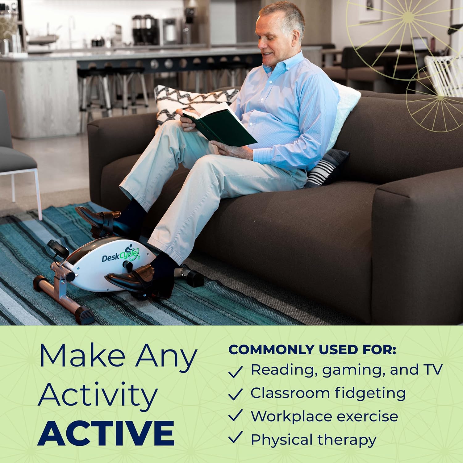 Man sitting on a couch using a desk cycle with text about its uses.
