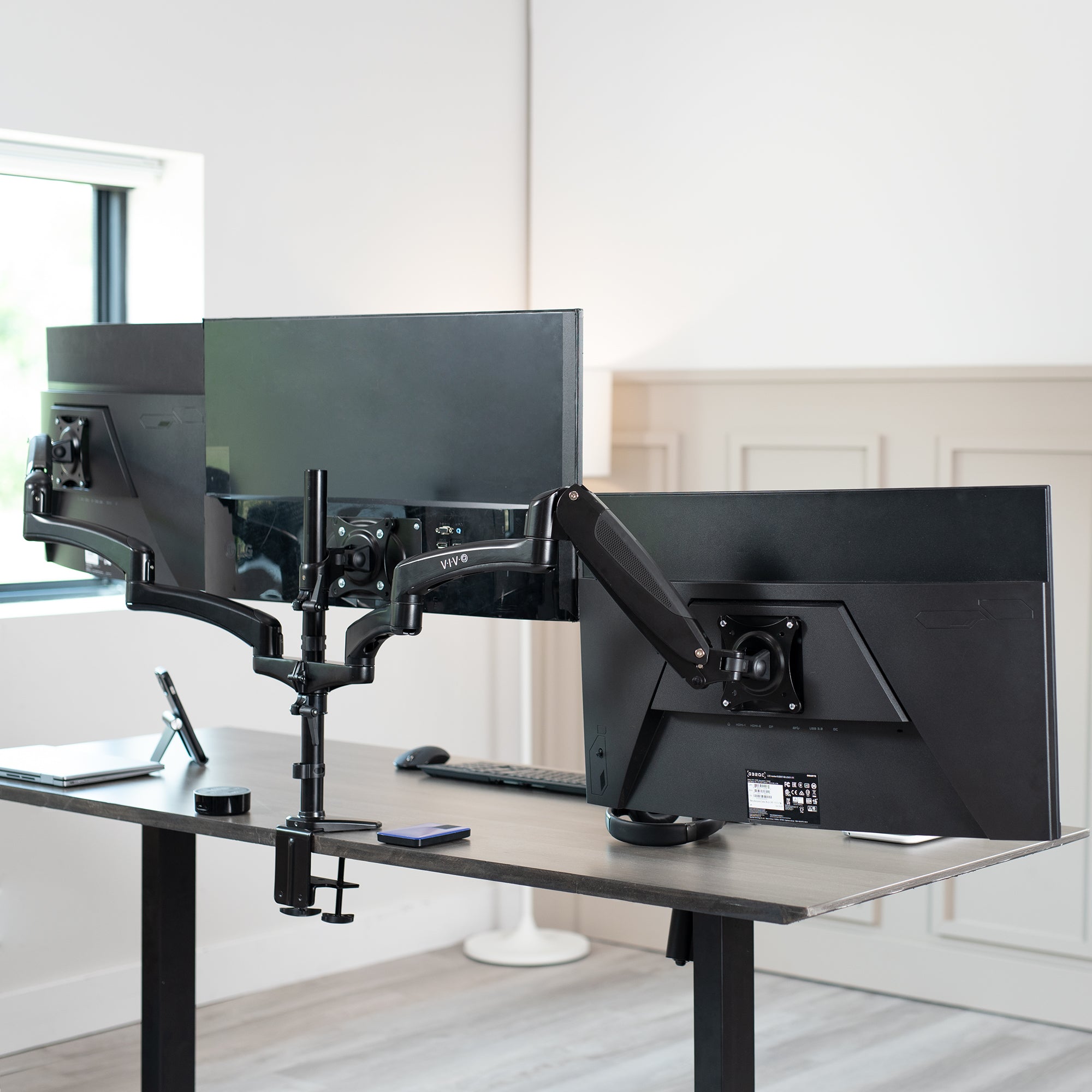 Triple Monitor Desk Mount - 2 Pneumatic Arms + 1 Fixed – VIVO - desk ...