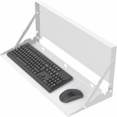 Wall-mounted flip down keyboard tray platform. Low profile design folds up and out of the way when not in use. Velcro included to keep keyboard in place. Fits a standard-sized keyboard and mouse (mouse pad included). Mount to drywall, wood studs, brick, or concrete.