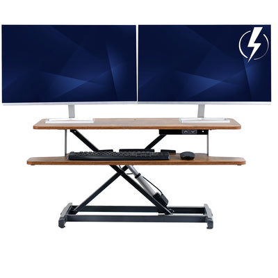 Rustic Electric Motor Desk Converter, Height Adjustable Riser, Sit to Stand Dual Monitor and Laptop Workstation with Wide Keyboard Tray