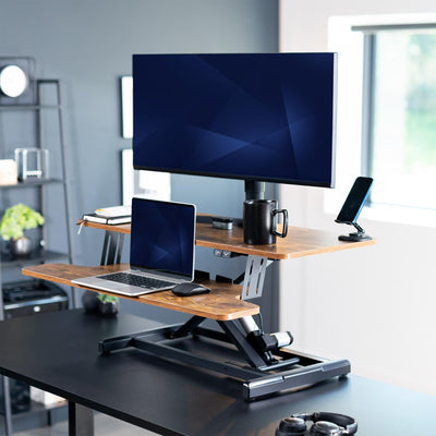Rustic Electric Motor Desk Converter, Height Adjustable Riser, Sit to Stand Dual Monitor and Laptop Workstation with Wide Keyboard Tray