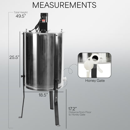 Electric stainless steel honey extractor for 4 to 8 frames.