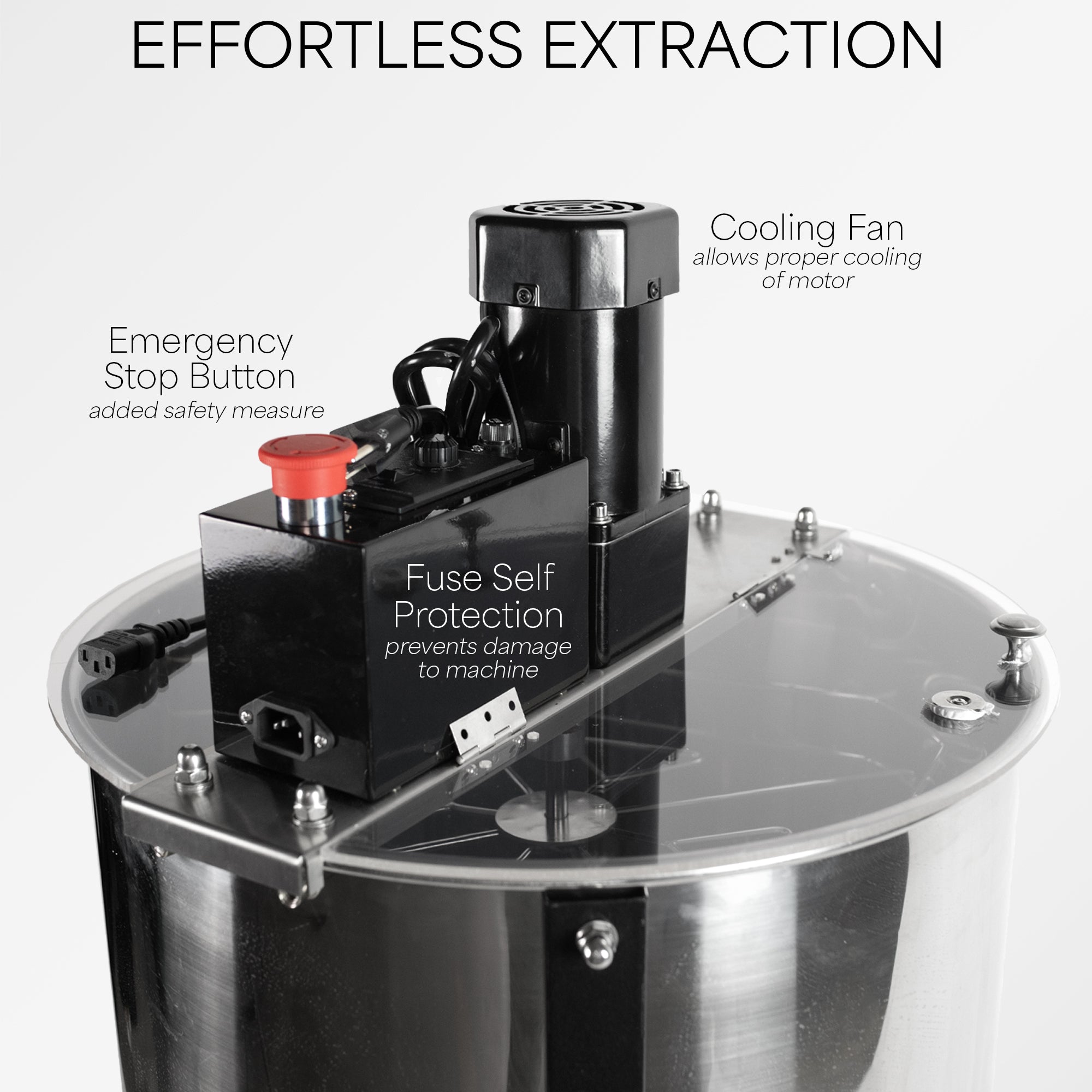 Electric stainless steel honey extractor for 4 to 8 frames.