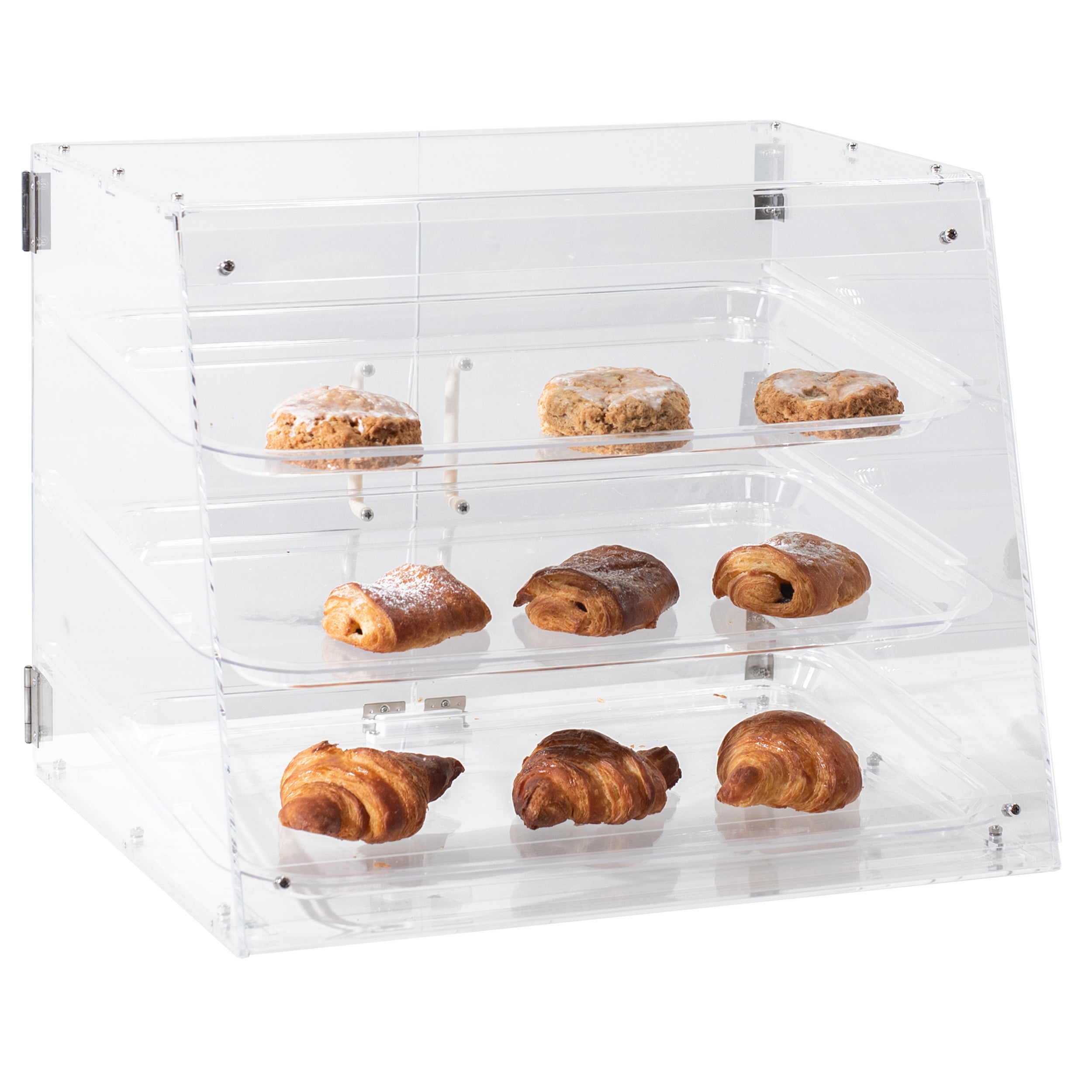 3 Tray Acrylic Pastry Display Case with Removable Trays and Rear Opening Doors with Magnetic Latches