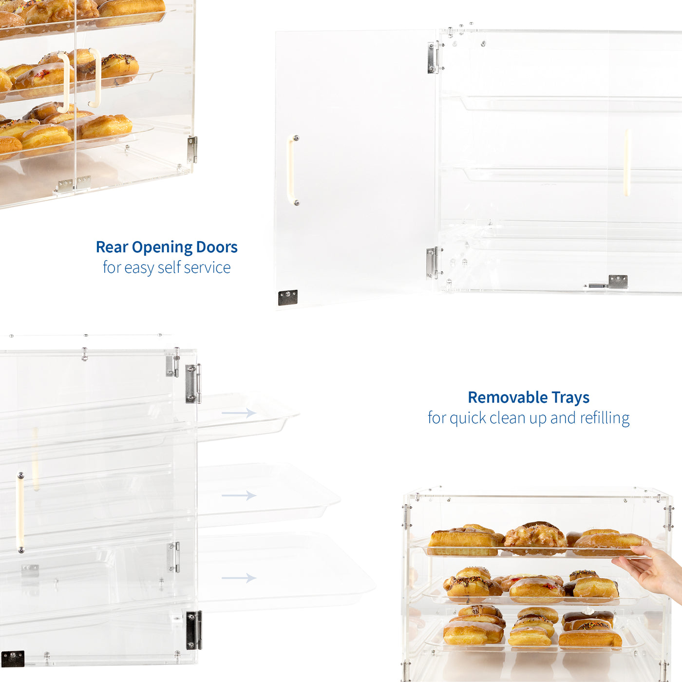 3 Tray Acrylic Pastry Display Case with Removable Trays and Rear Opening Doors with Magnetic Latches