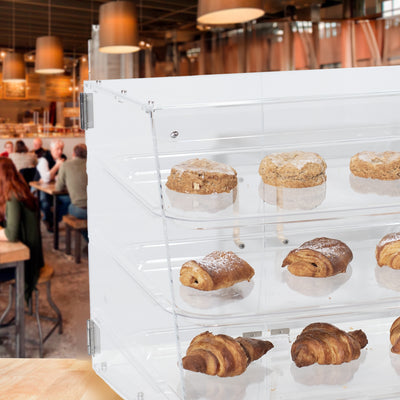 3 Tray Acrylic Pastry Display Case with Removable Trays and Rear Opening Doors with Magnetic Latches