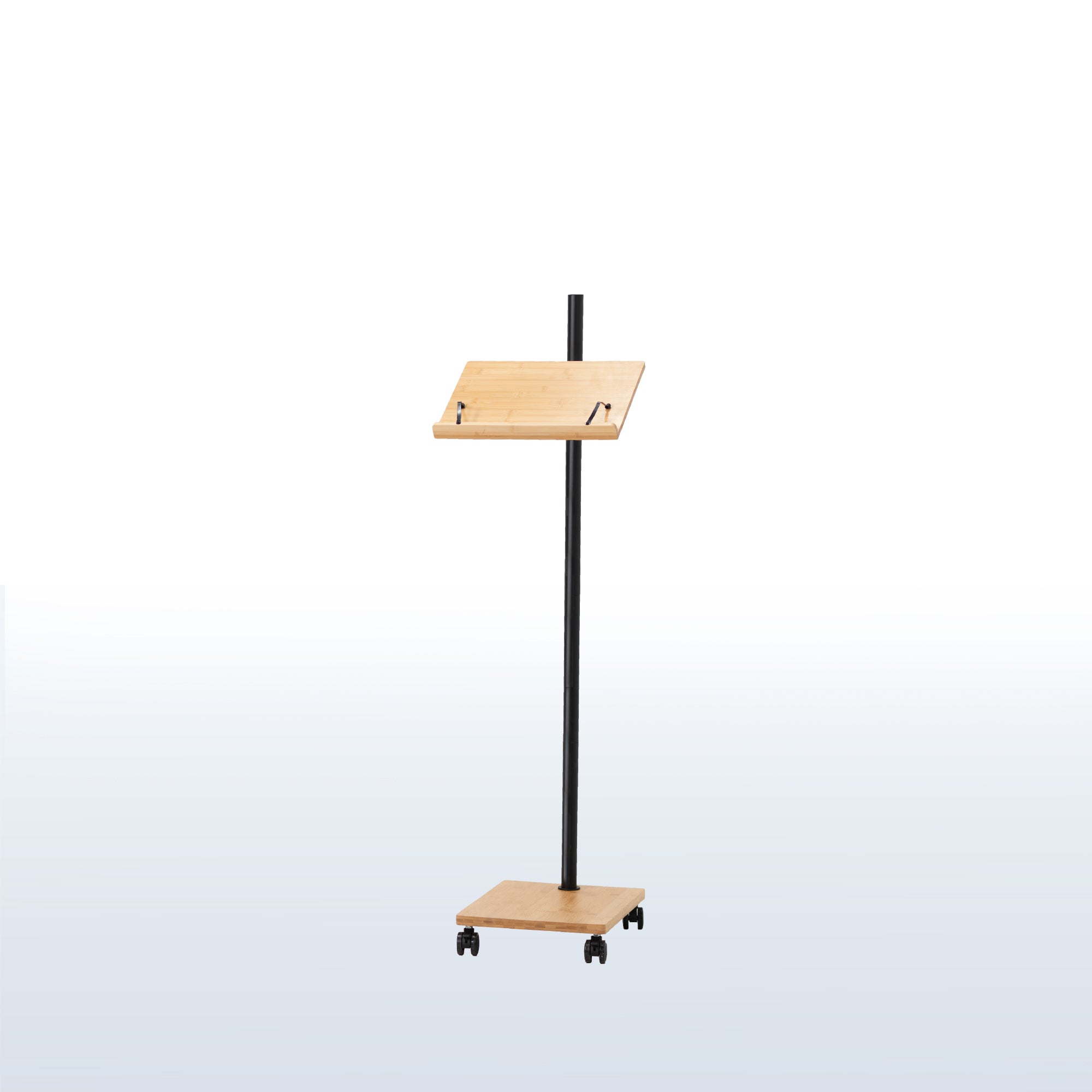 Mobile bamboo book stand with height adjustment and articulation.