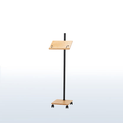 Mobile bamboo book stand with height adjustment and articulation.