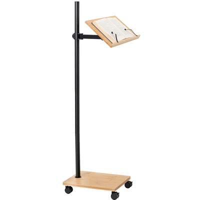 Mobile bamboo book stand with height adjustment and articulation.