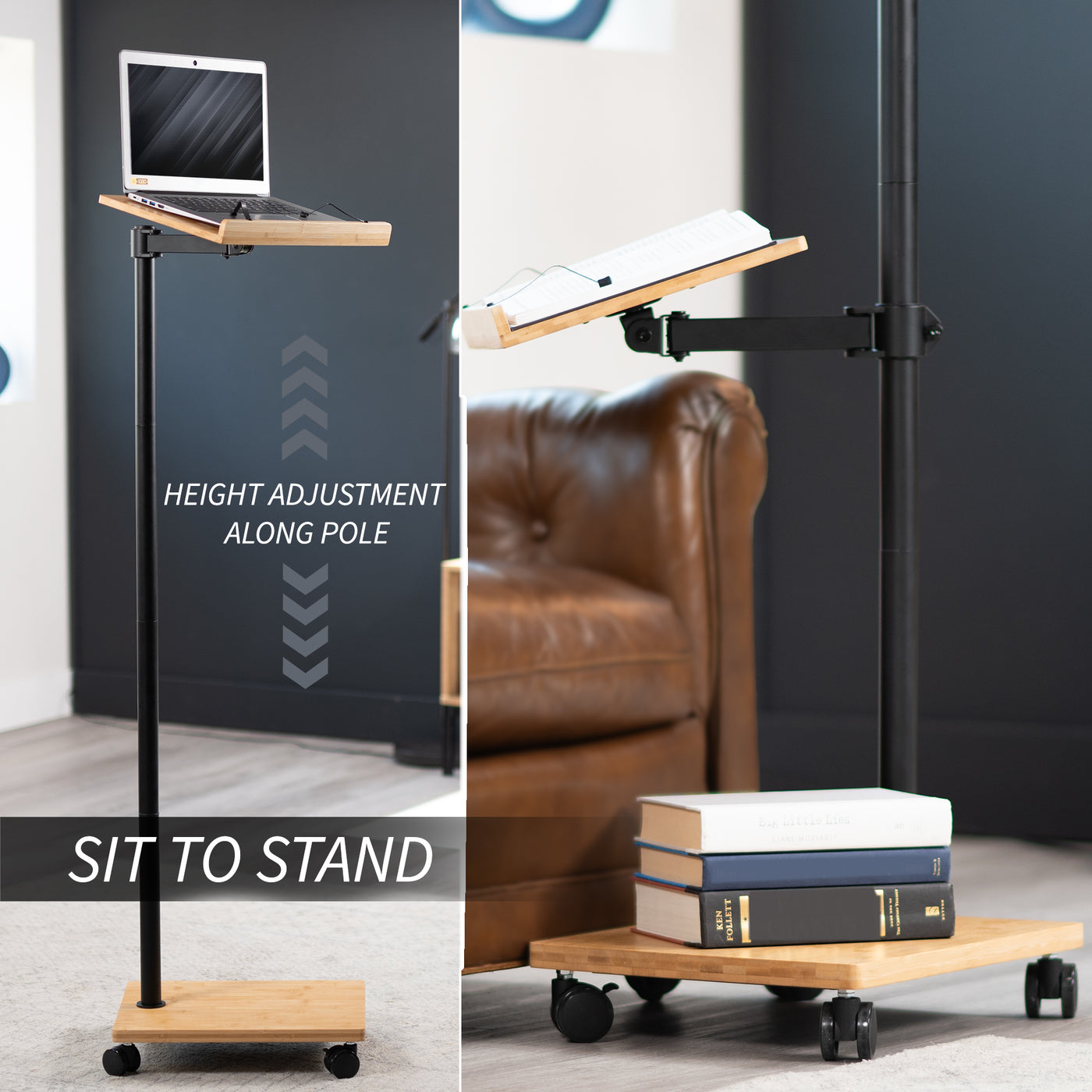 Mobile bamboo book stand with height adjustment and articulation.
