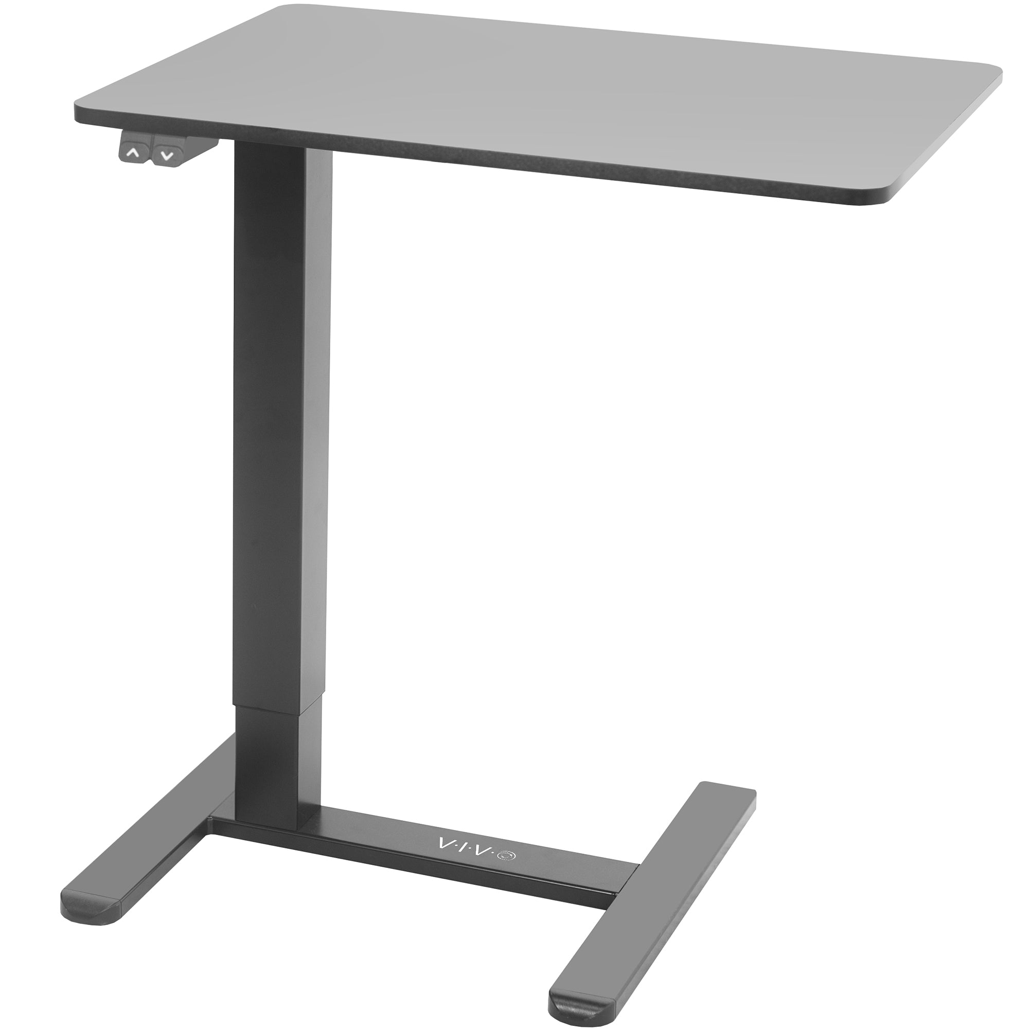 Sturdy steel mobile overbed table with electric height adjustment.