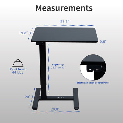 Sturdy steel mobile overbed table with electric height adjustment.