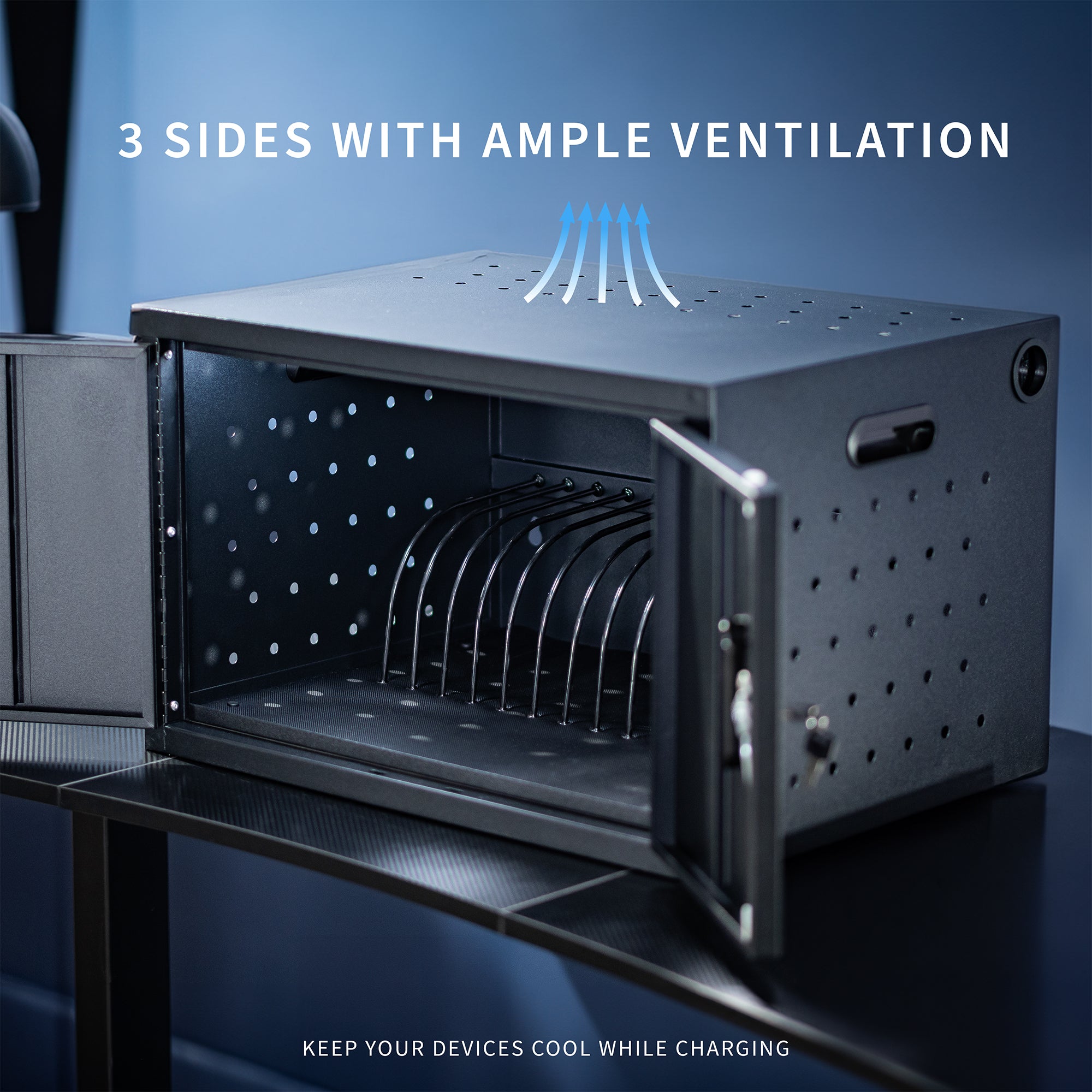 Locking charging station cabinet for 16 devices. Power strip and cable clips make organization easy and ventilation holes and padding provide safe storage. Conveniently place on a flat surface or mount to a wall. Perfect for schools, offices, and more.