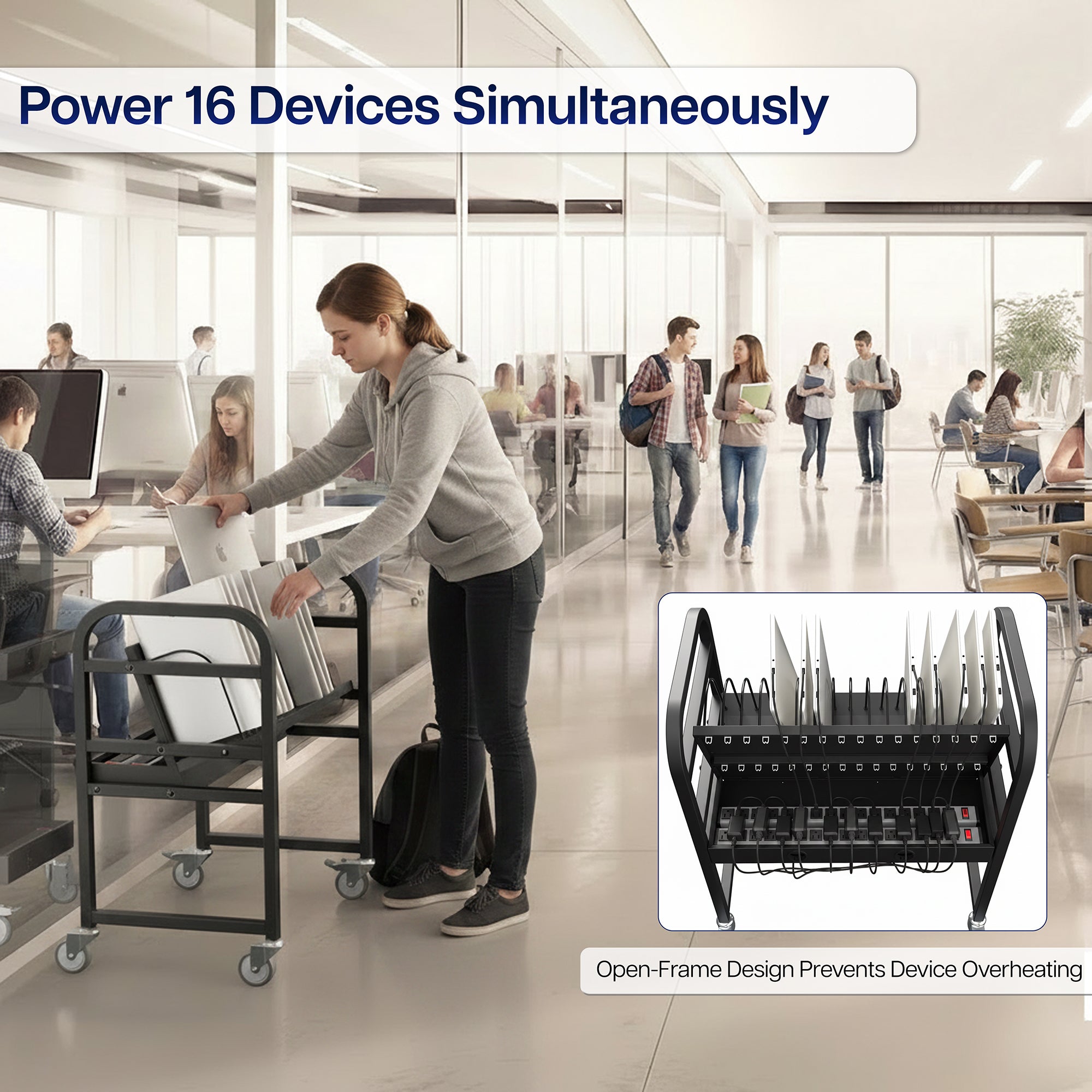 Person pushing a cart with multiple devices in an office setting, emphasizing power capacity.