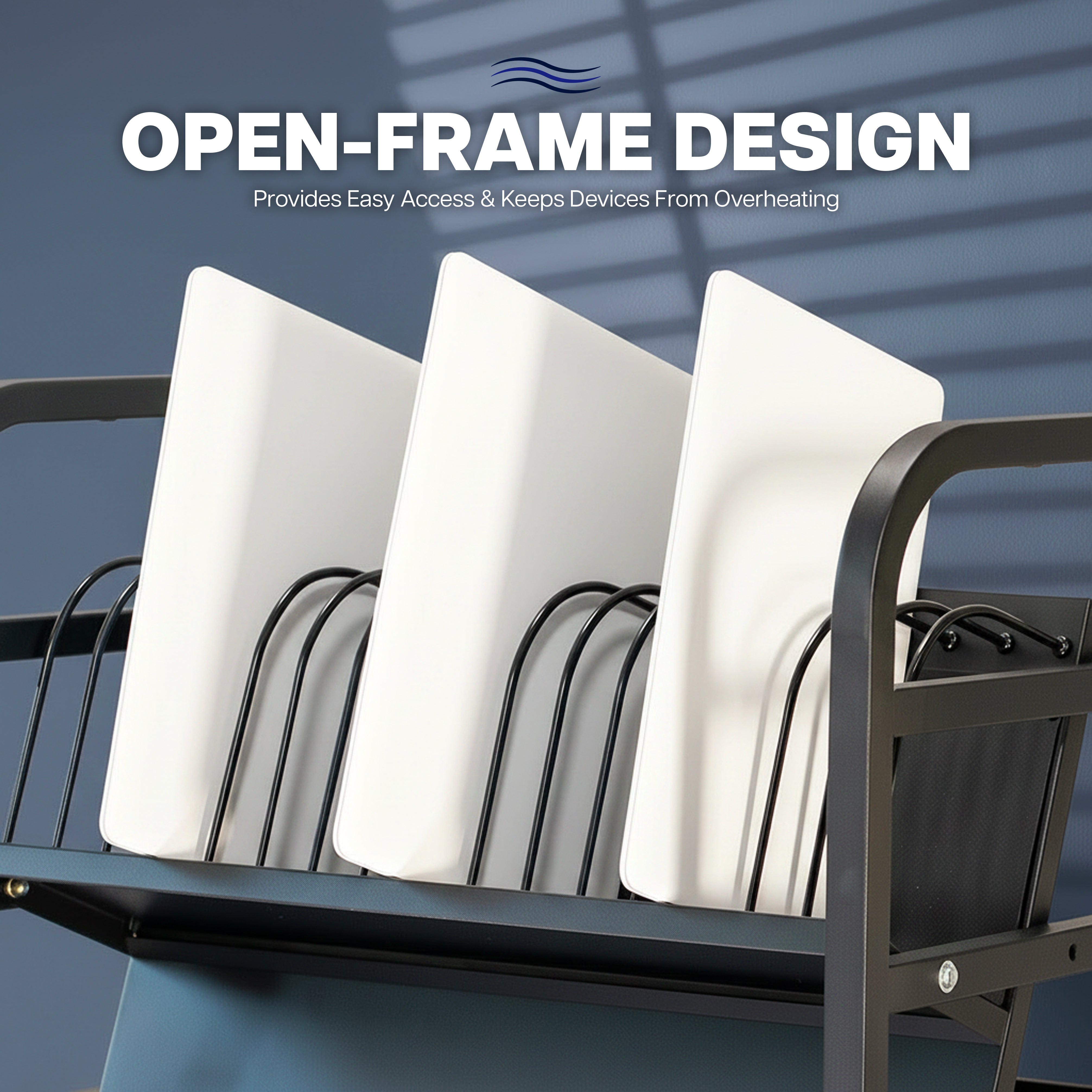 Open-frame design with white laptops stored inside on blue wall background