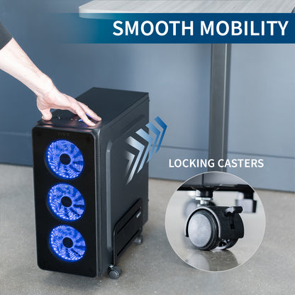 Sturdy mobile CPU cart with adjustable width and locking wheels.