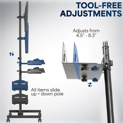 Mobile workstation cart with monitor mount, keyboard tray, PC holder, and locking wheels. Featuring 360 rotation and height adjustment.