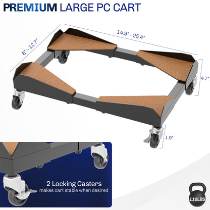 Heavy duty mobile CPU cart for large PCs, featuring width and length adjustment.