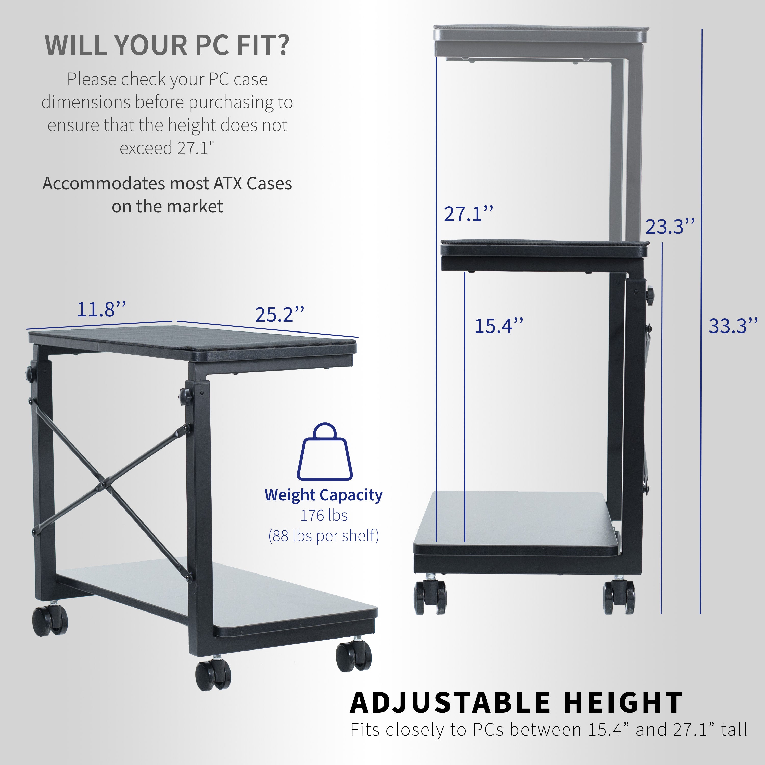 Mobile adjustable PC cart with storage.