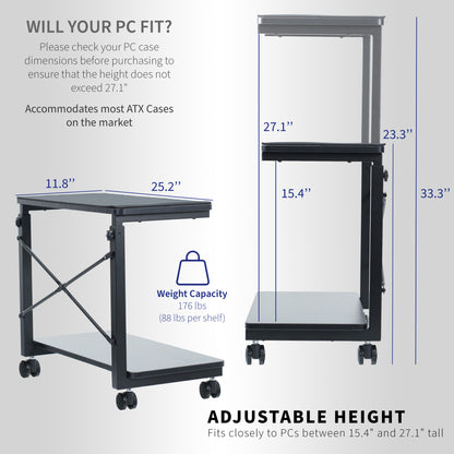 Dimensions of mobile adjustable PC cart with storage.