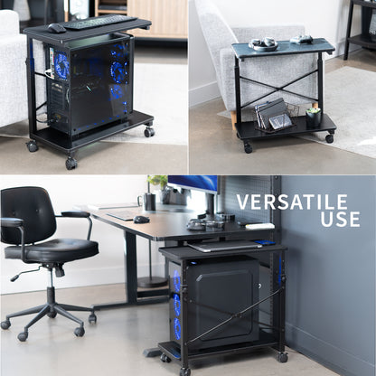 Mobile adjustable PC cart with storage.