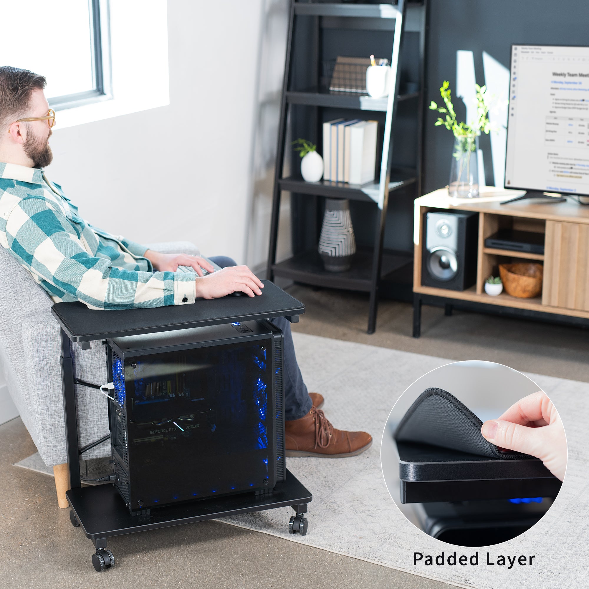 Mobile adjustable PC cart with storage.