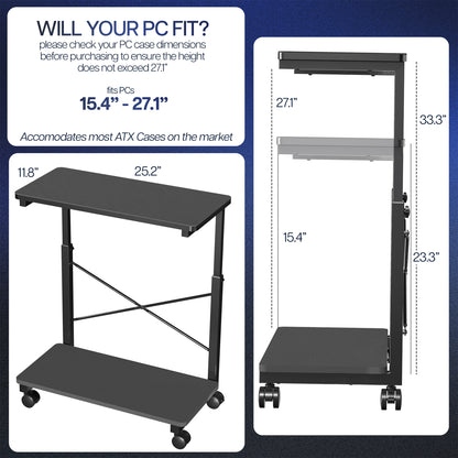 Dimensions of mobile adjustable PC cart with storage.