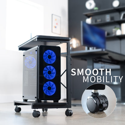 Mobile adjustable PC cart with storage.