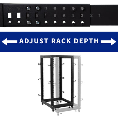 Adjustable rack depth tool with a rack frame below on a white background
