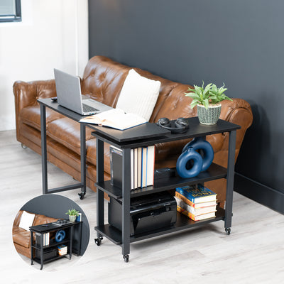 Sleek modern swing out mobile sofa table with shelves and locking wheels.