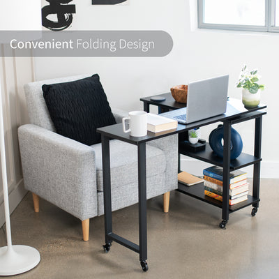 Sleek modern swing out mobile sofa table with shelves and locking wheels.