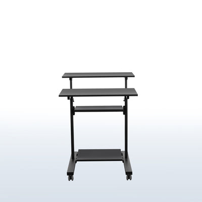 A height adjustable mobile stand-up desk that is perfect for use at the office, home, showroom, and classroom, and provides ample room for typing, writing, and storing. 