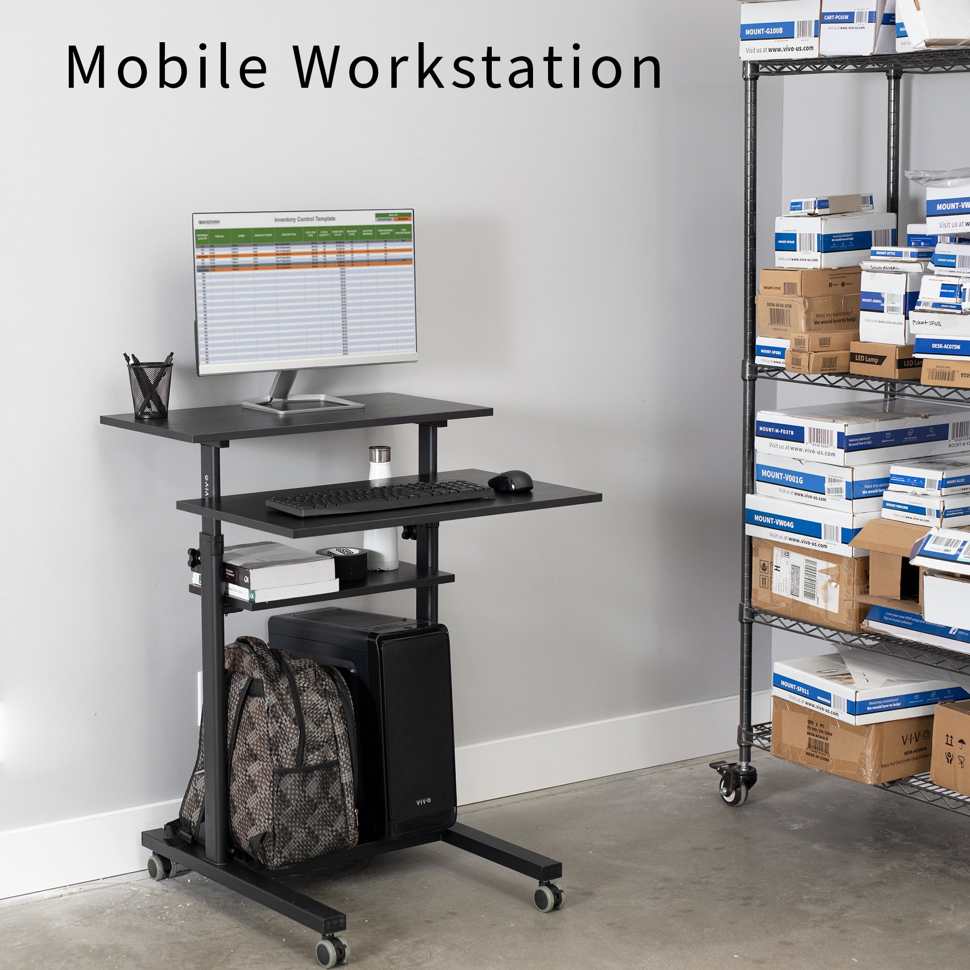 A height adjustable mobile stand-up desk that is perfect for use at the office, home, showroom, and classroom, and provides ample room for typing, writing, and storing. 